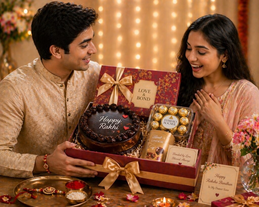 Brother gifting a premium cake combo Rakhi hamper to his sister with chocolate cake, chocolates, and festive celebration setup
