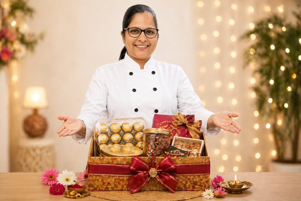Chef Manju Shah standing behind a premium Rakhi gift hamper with chocolates dry fruits sweets and festive gift box in Surat 2026