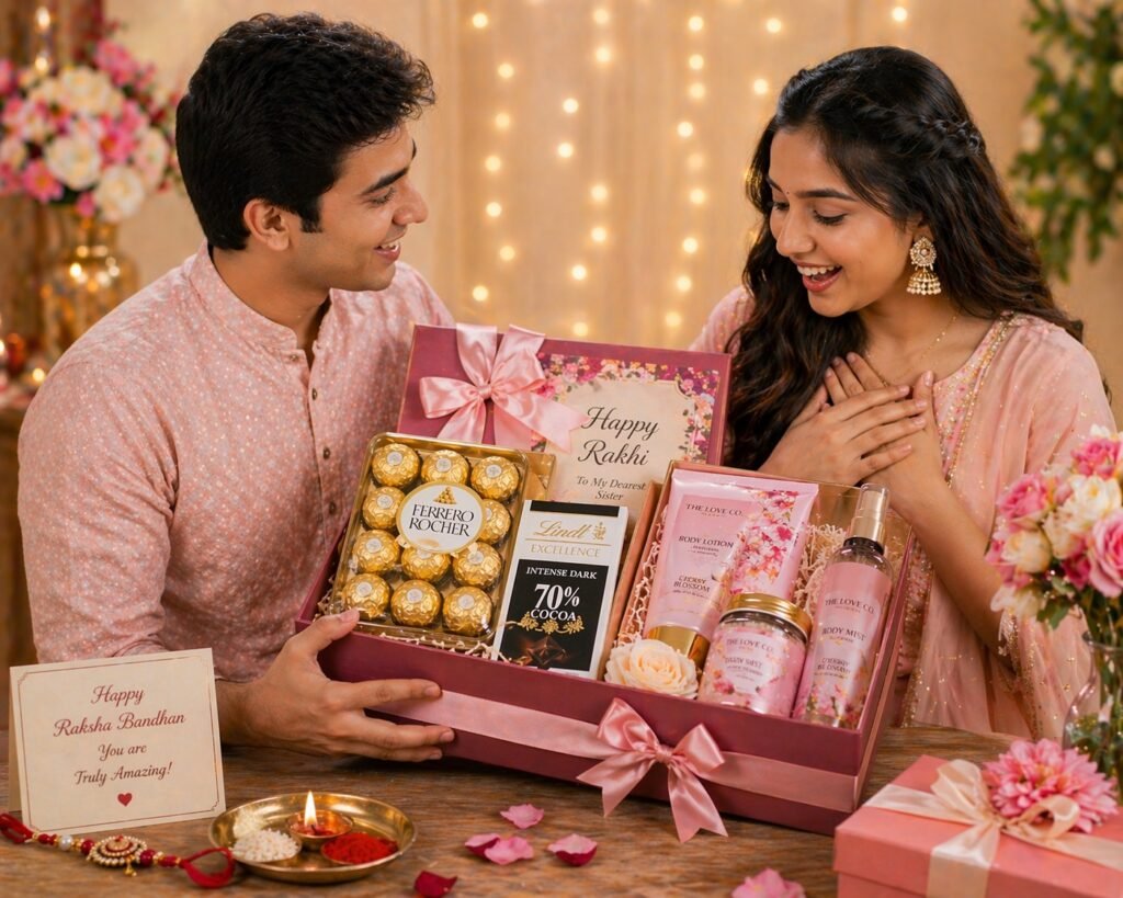 Brother gifting a premium chocolate and beauty Rakhi hamper to his sister with chocolates skincare products perfume and festive celebration setup
