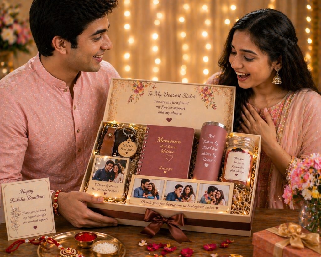 Brother gifting a customized and emotional Rakhi hamper to his sister with personalized photo frame journal tumbler keepsakes and festive celebration setup