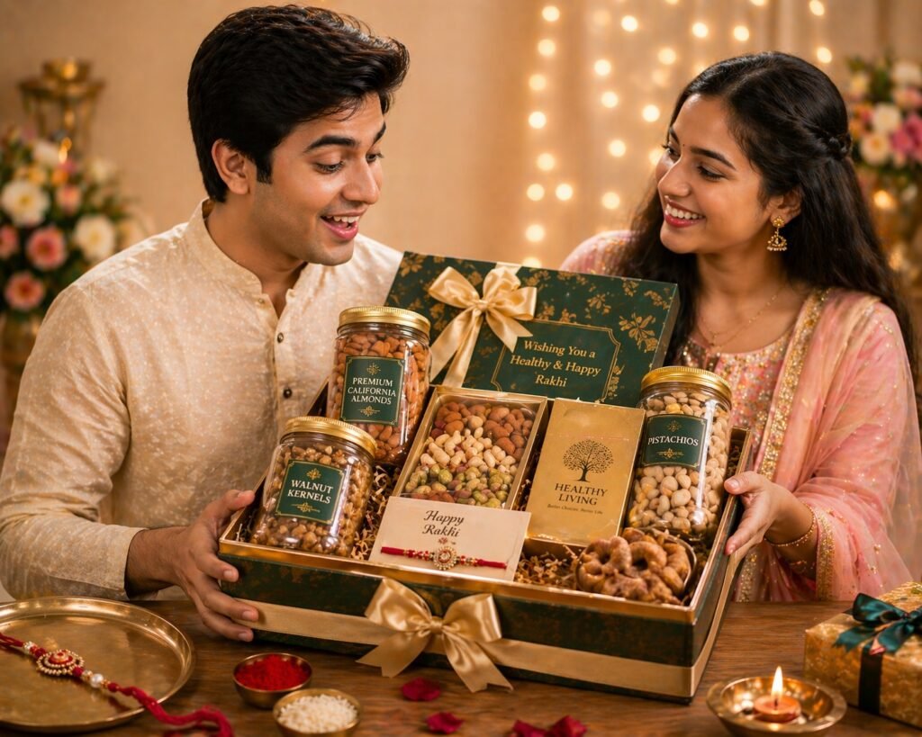 Sister gifting a premium dry fruit and healthy Rakhi hamper to her brother with almonds, pistachios, walnuts, and festive celebration setup