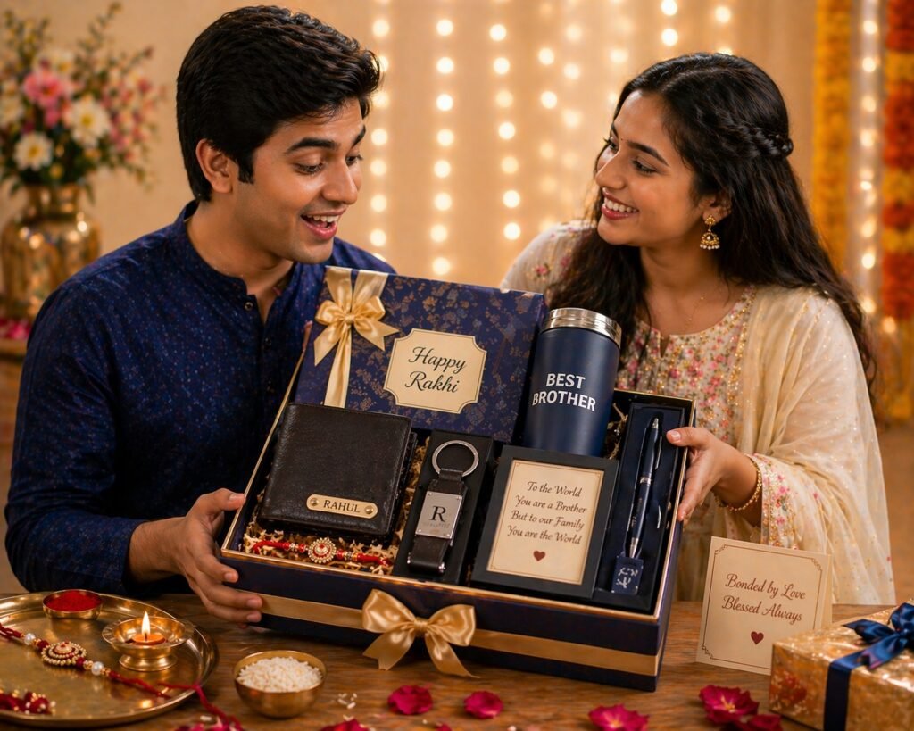 Sister gifting a personalized and utility Rakhi hamper to her brother with custom wallet, tumbler, keychain, pen, and festive celebration setup